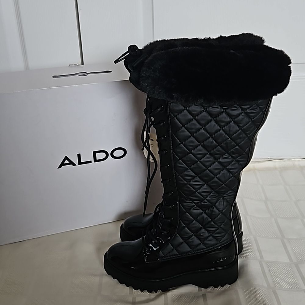 Aldo Women's Laralima Tall Quilted Lace-Up Faux Fur Trim Waterproof Boots 6 Blac